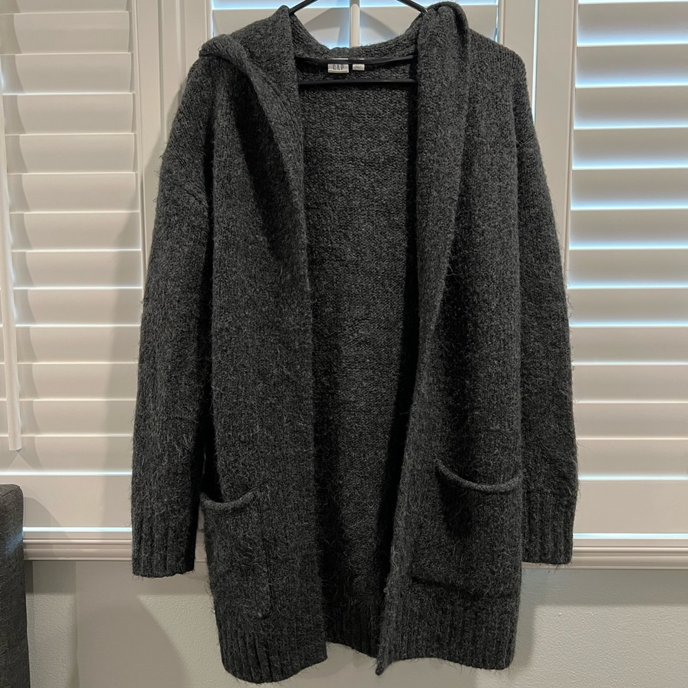 Charcoal open front cardigan with hood